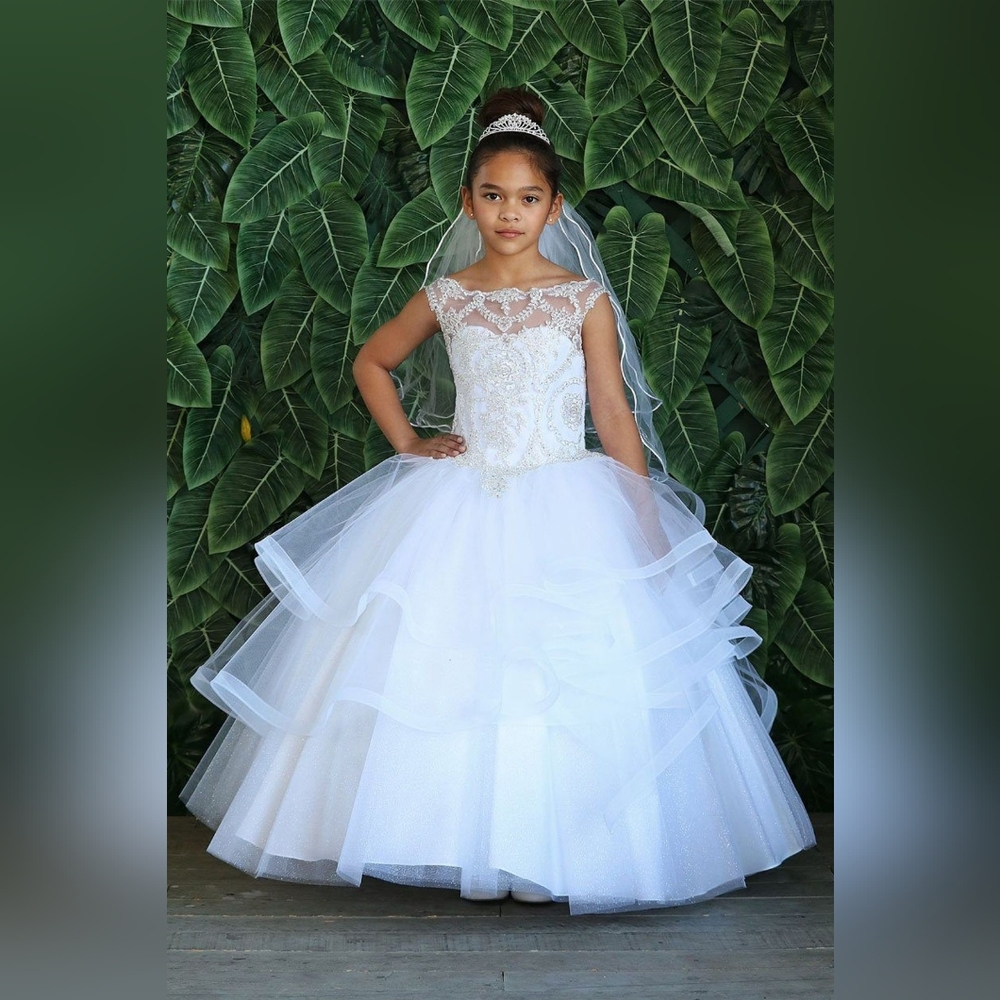 Girls Layered Long Lace Applique Dress